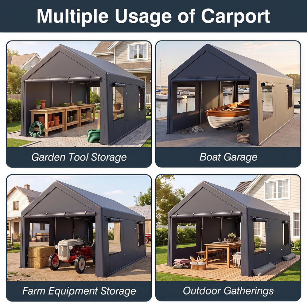 Portable garage with gray PE cover, dual doors, and mesh windows for versatile storage and outdoor gatherings.