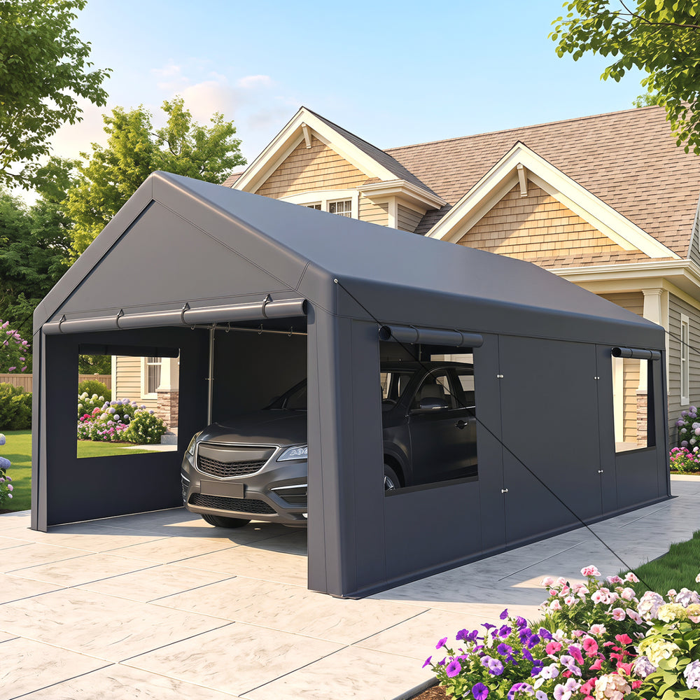 Portable 10x20 FT gray garage with waterproof PE cover, dual doors, and 4 mesh windows for optimal airflow and protection.
