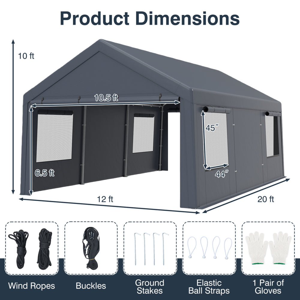 Portable garage measuring 10x20 ft with a gray PE cover, featuring dual doors and four mesh windows for ventilation.