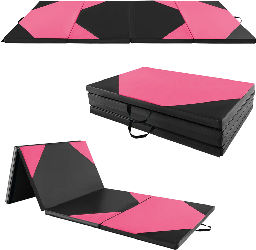 Folding exercise mat in black and pink, 10x4 feet, with carrying handles, ideal for gymnastics and kids' play.