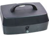 A black, rectangular cash box with a top handle and front lock sits on a white background, evoking secure storage for the Journey Adventure Replacement Battery.