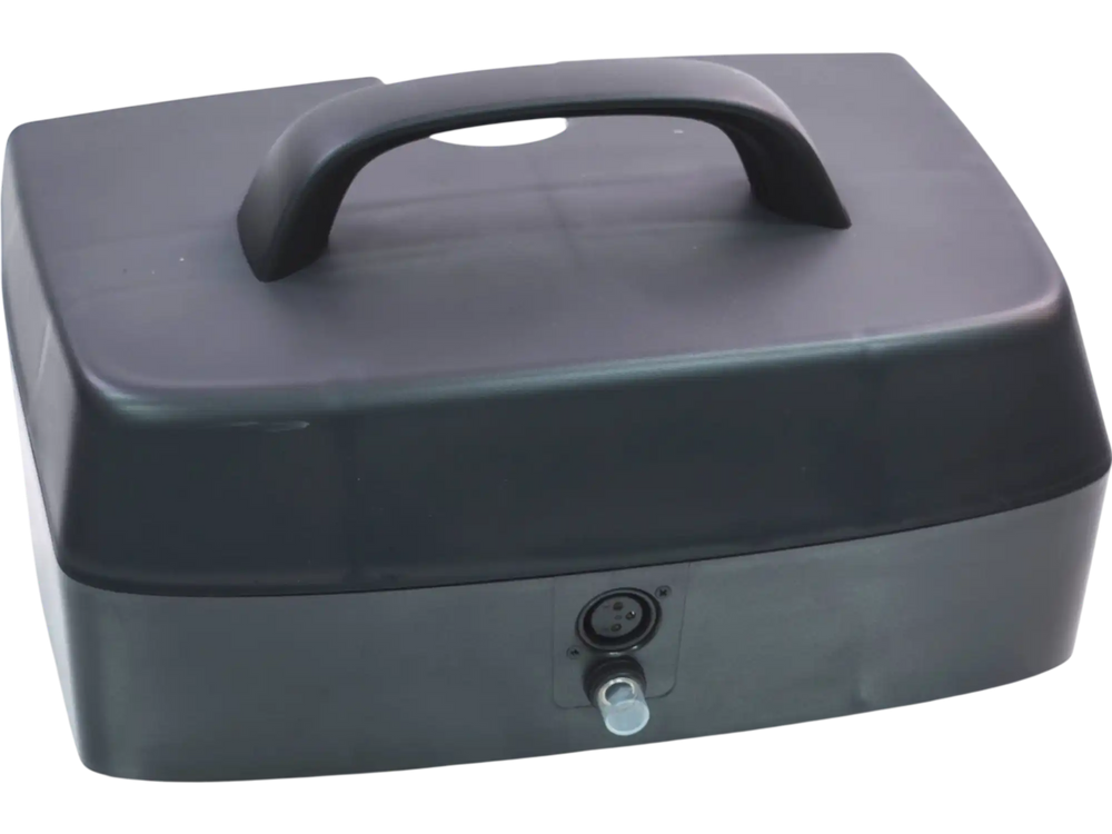 A black, rectangular cash box with a top handle and front lock sits on a white background, evoking secure storage for the Journey Adventure Replacement Battery.