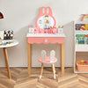Kids rabbit vanity set with round mirror and drawer, perfect for makeup or writing, made of MDF and solid wood.