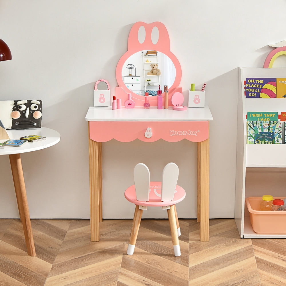 Kids rabbit vanity set with round mirror and drawer, perfect for makeup or writing, made of MDF and solid wood.