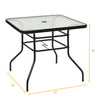 Square 32-inch patio table with tempered glass top and black steel frame, ideal for outdoor dining and umbrella use.