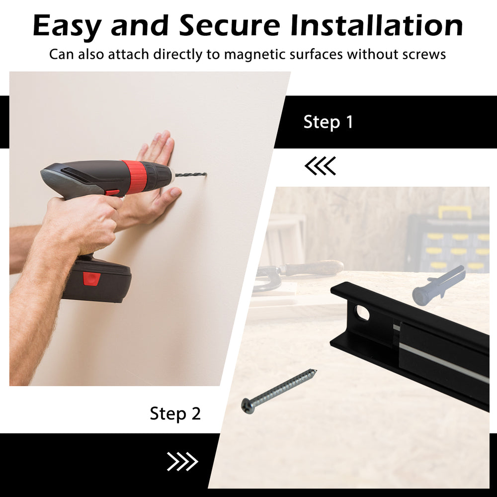 18-inch magnetic tool holder strip installation steps with screws, showcasing strong magnetic force for secure tool.