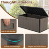 Large 100-gallon deck box in black and brown with a lockable lid, ideal for outdoor storage and seating.