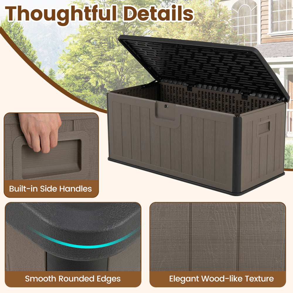 Large 100-gallon deck box in black and brown with a lockable lid, ideal for outdoor storage and seating.
