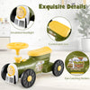 Ride-on toy in green with steering wheel, realistic headlight, and under-seat storage for kids aged 19-36 months.