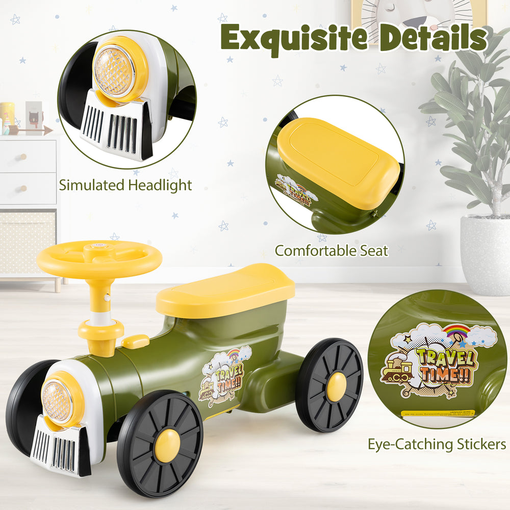 Ride-on toy in green with steering wheel, realistic headlight, and under-seat storage for kids aged 19-36 months.