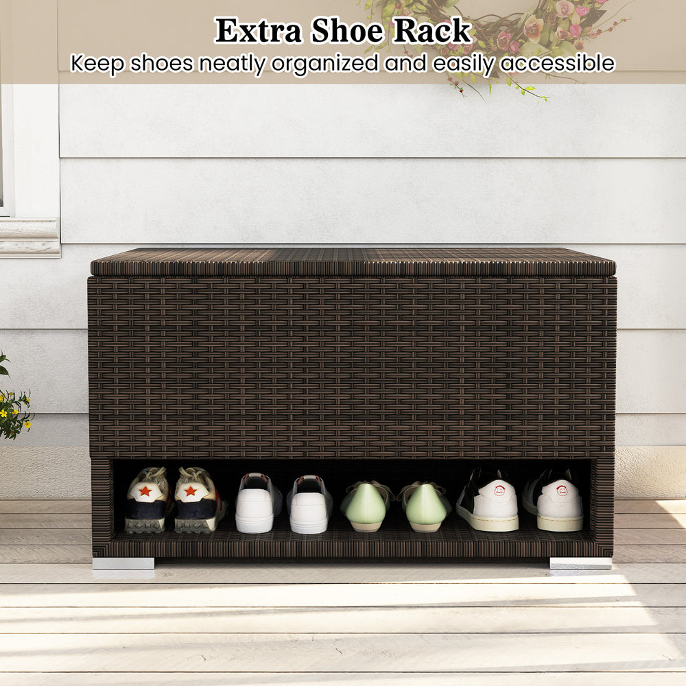 PE rattan storage bin with waterproof liner, featuring a shoe rack, ideal for patio and garden organization.