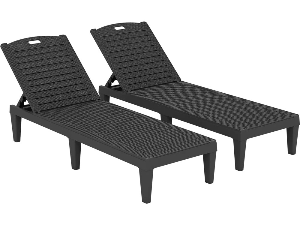 Set of 2 black outdoor PP chaise lounge chairs with 4-position adjustable backrests, ideal for poolside relaxation.
