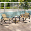 3-piece rocking bistro set with brown chairs and side table, perfect for outdoor relaxation on the porch or patio.