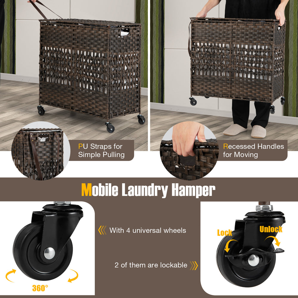 Brown 110L 2-section laundry hamper with removable liner bags, PU straps, and 4 universal wheels for easy mobility.