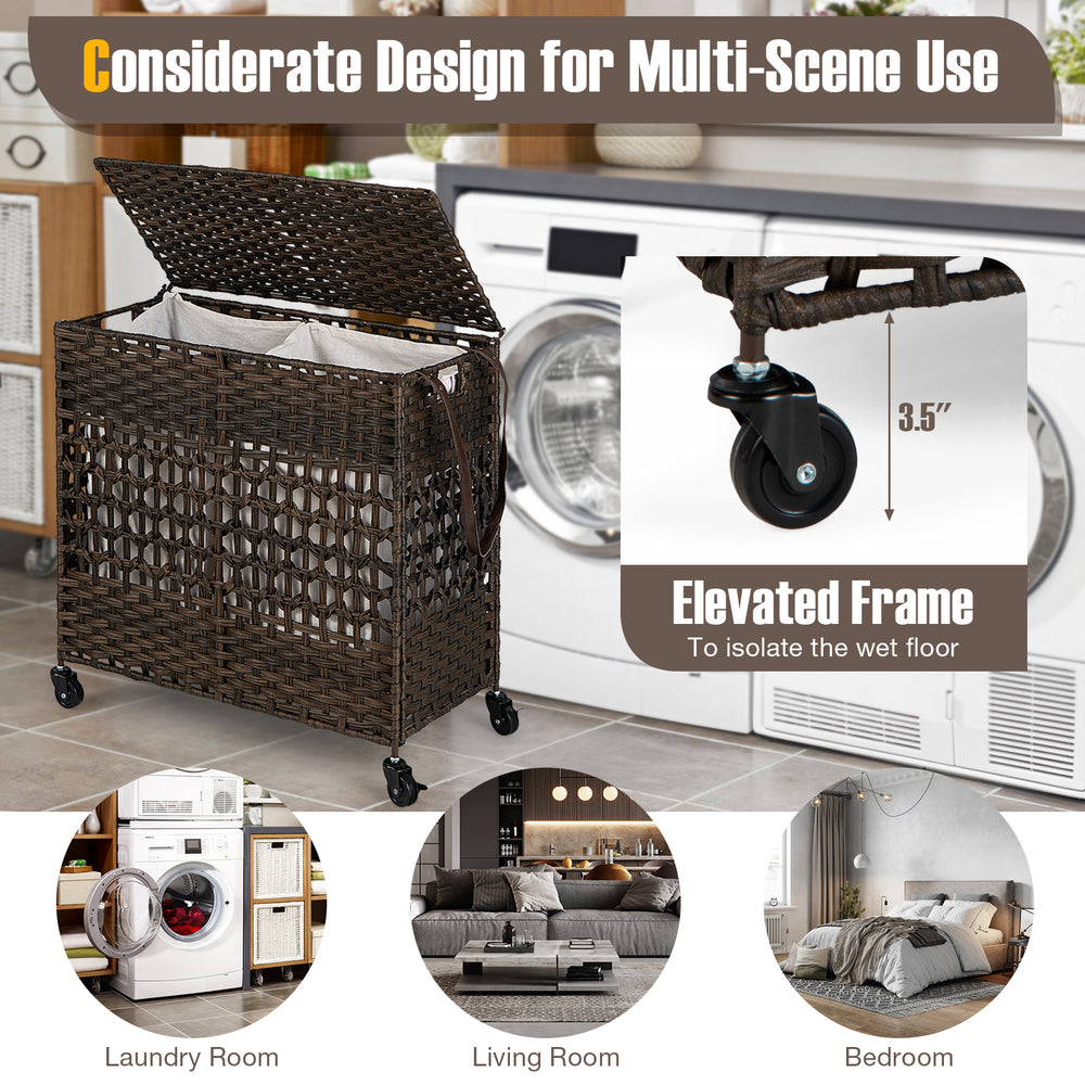 Brown 110L 2-section laundry hamper with removable liner bags, elevated frame, and wheels for easy mobility in various.