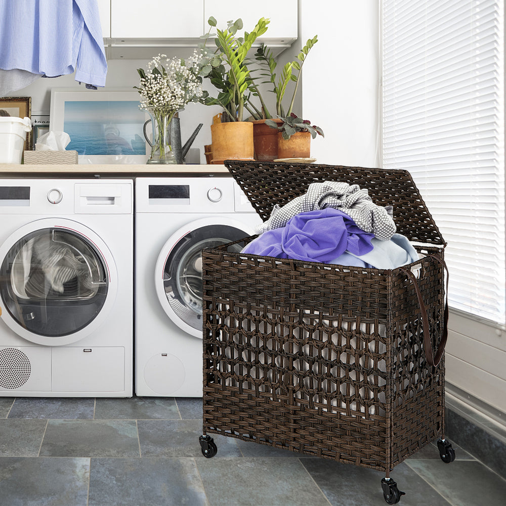 Brown 110L 2-section laundry hamper with removable liner bags, wheels, and flip-up lid for easy sorting and storage.