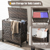 Brown 110L 2-section laundry hamper with removable liner bags, featuring a flip-up lid and wheels for easy transport.