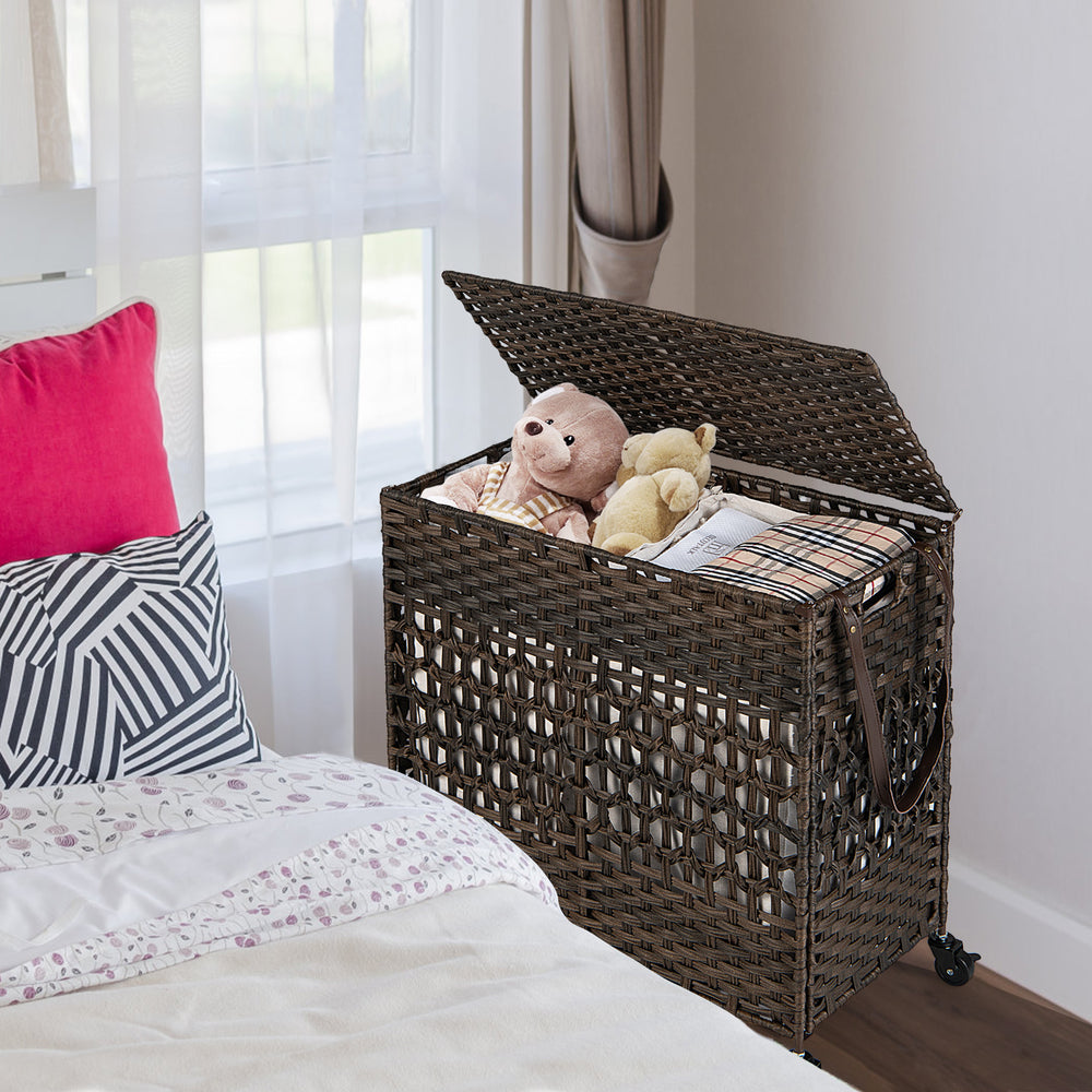 Brown 110L laundry hamper with flip-up lid, removable liner bags, and wheels for easy transport in any room.