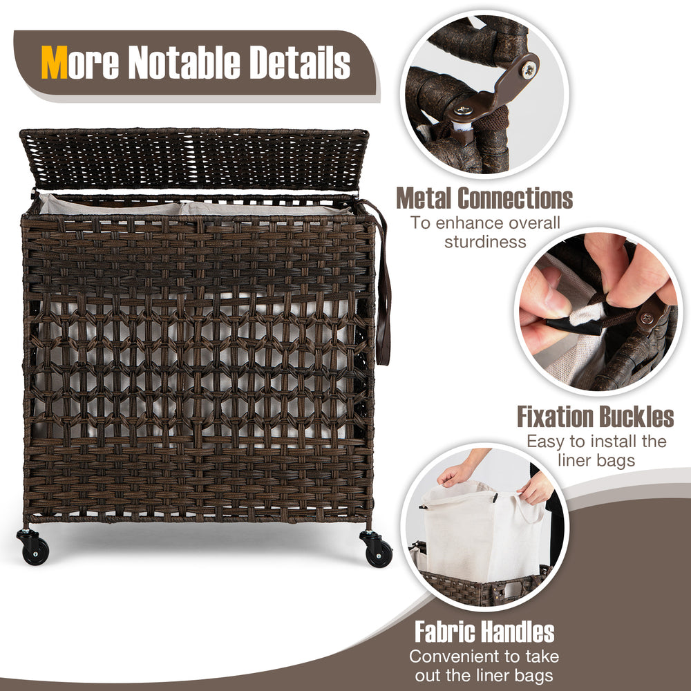 Brown 110L 2-section laundry hamper with removable liner bags, metal connections, and wheels for easy mobility.