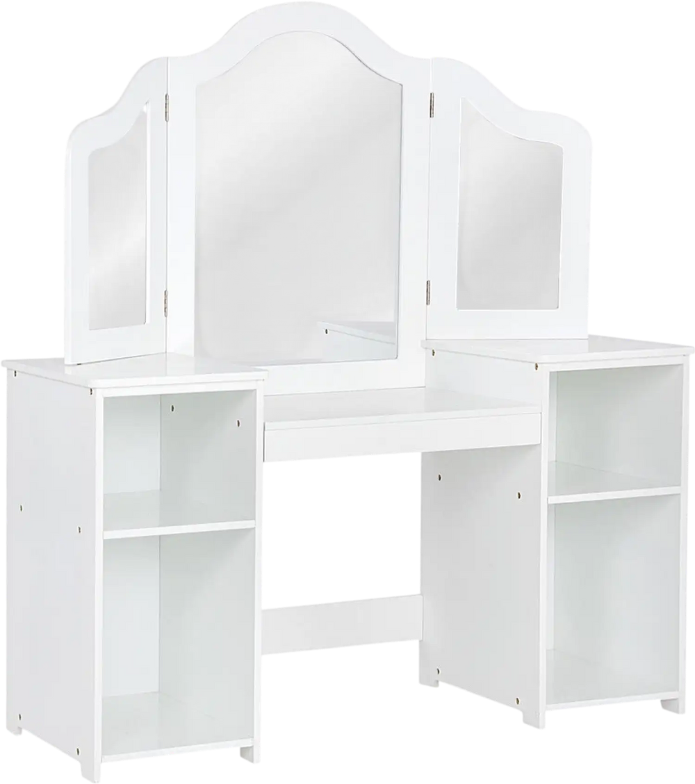 Kids tri-folding mirror makeup dressing vanity table set in white with four storage compartments for safe use.
