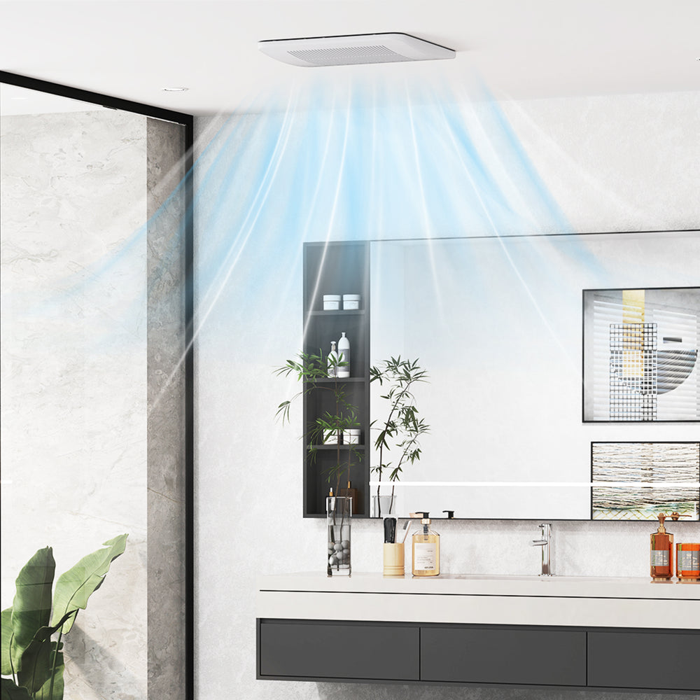 Ceiling mount bathroom fan with 50/80/110 CFM airflow, showcasing ventilation efficiency and sleek design for modern.
