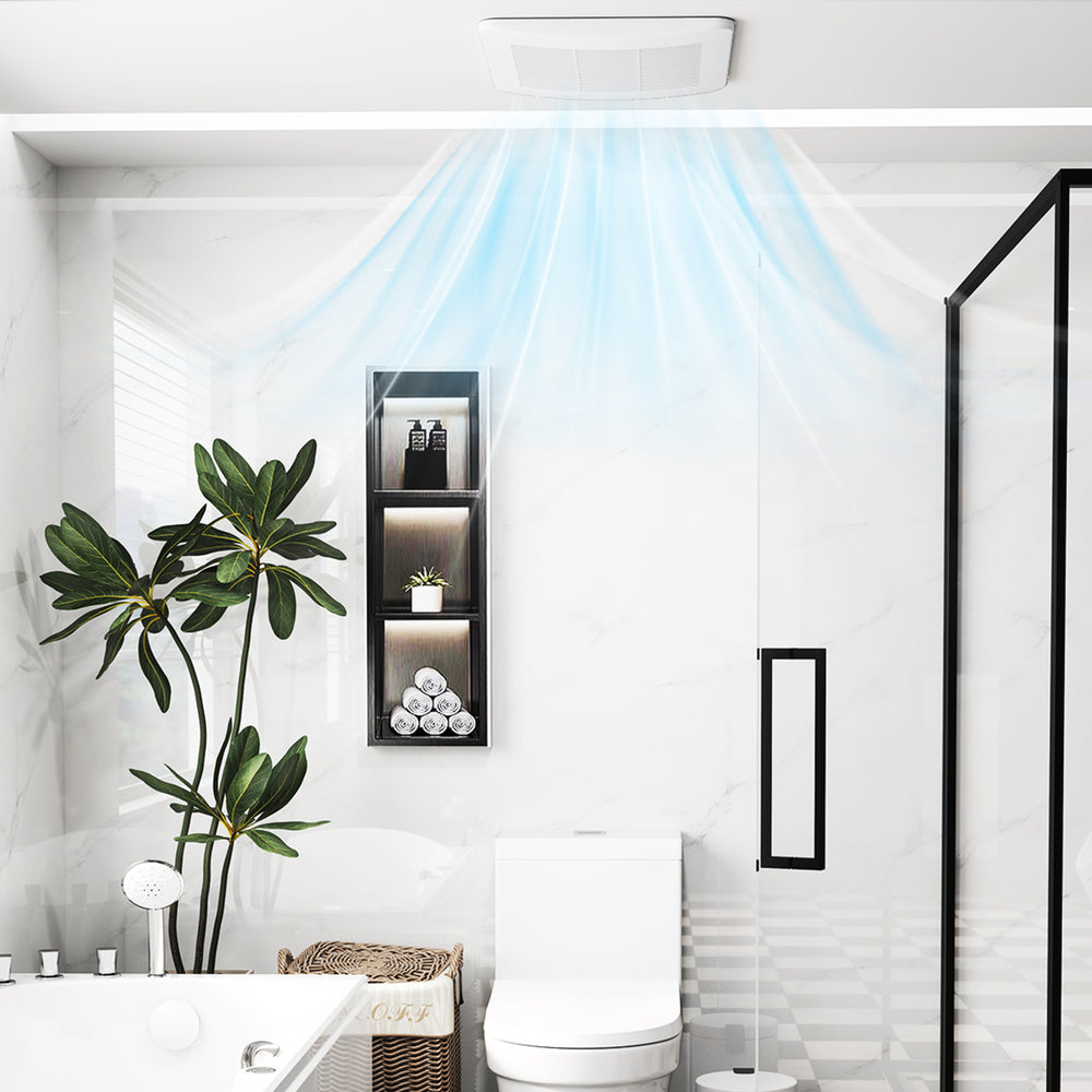 Ceiling mount bathroom fan with 50/80/110 CFM airflow, designed for quiet operation and efficient ventilation in small.