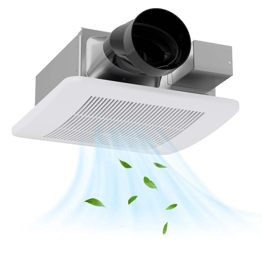 Ceiling mount bathroom fan with 50/80/110 CFM airflow, galvanized housing, and advanced check valve for efficient.