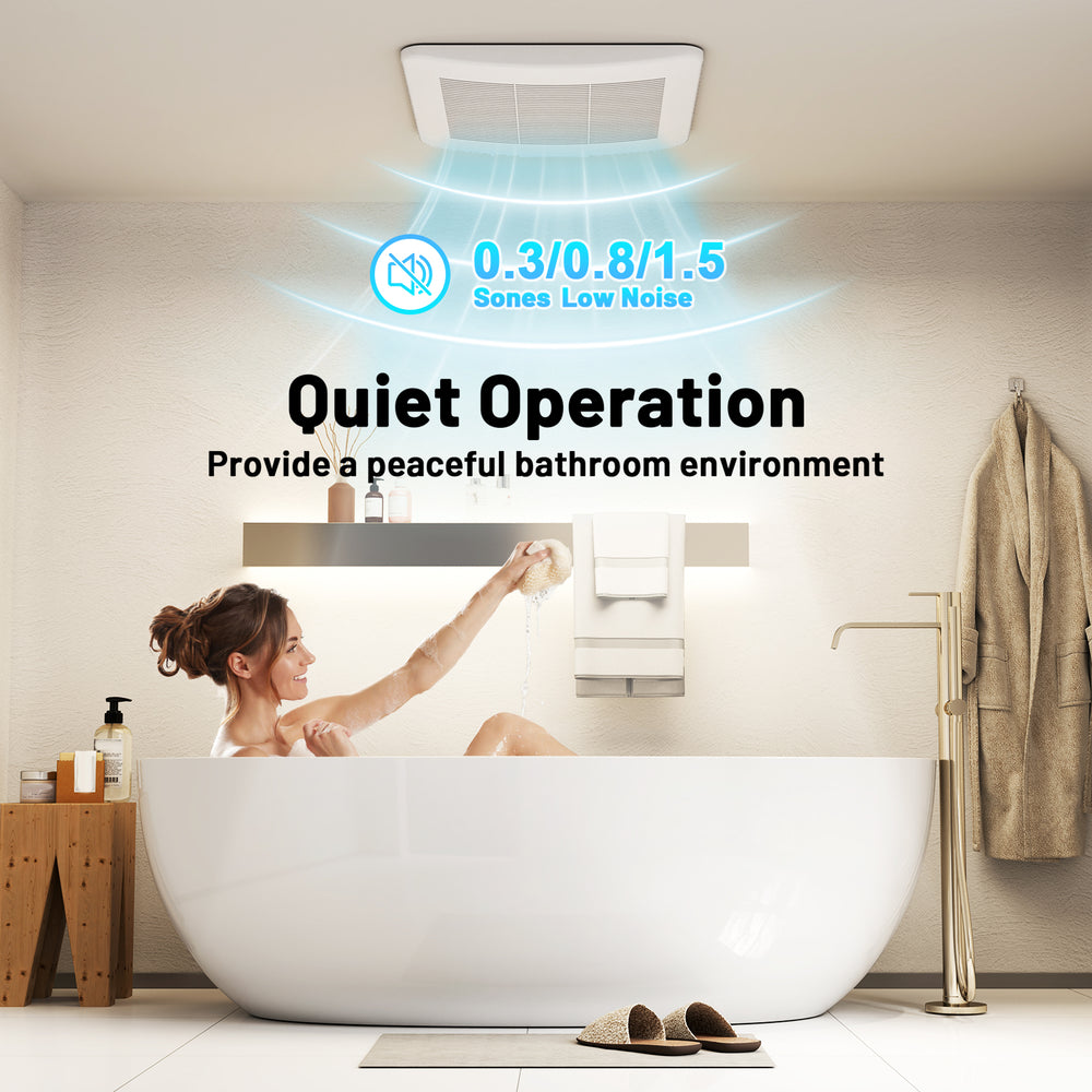 Ceiling mount bathroom fan with quiet operation, 50/80/110 CFM airflow, and galvanized housing for efficient.