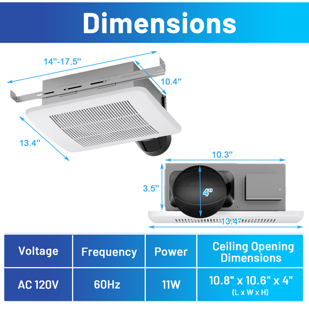 Ceiling mount bathroom fan with 50/80/110 CFM airflow, galvanized housing, and dimensions for easy installation.