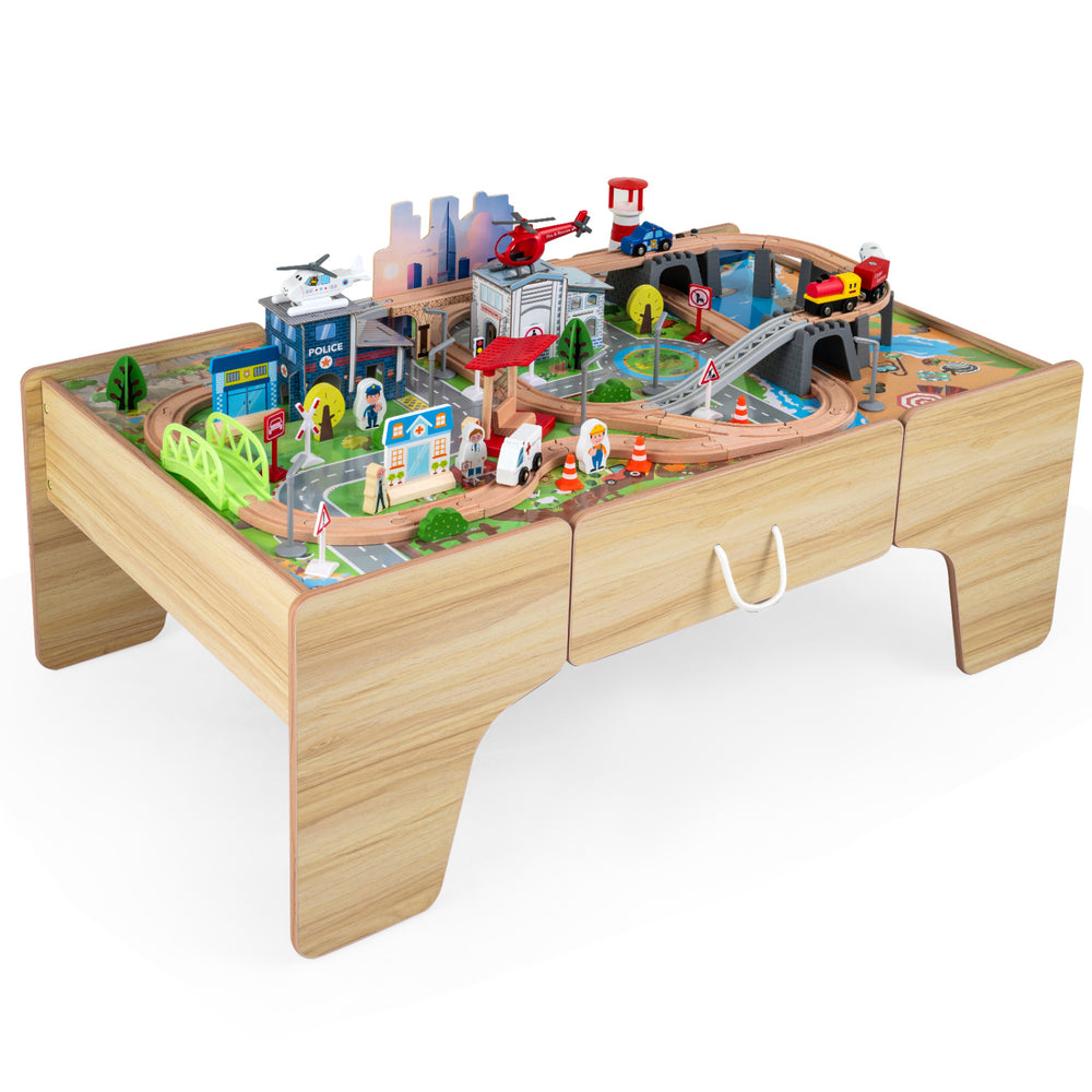 Wooden train table with 110 pieces, featuring a colorful city map, vehicles, and figures for toddlers aged 3 and up.