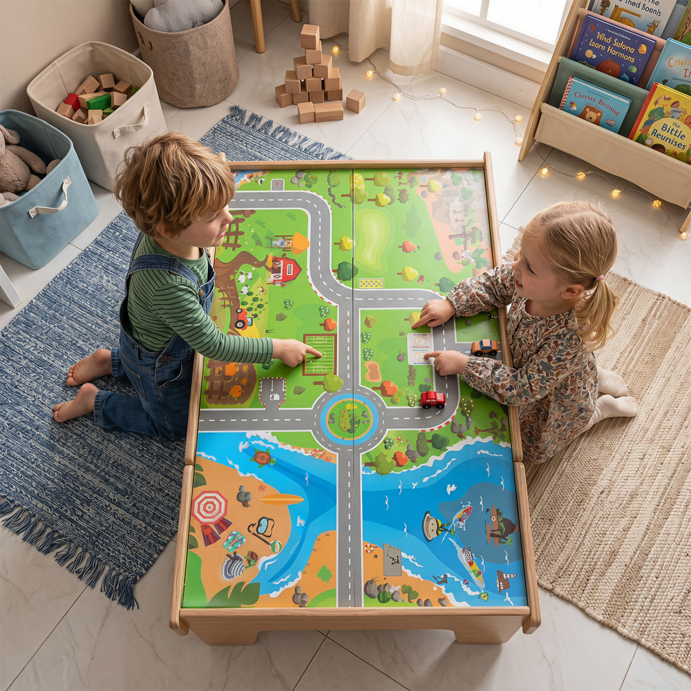 Wooden train table with colorful map for toddlers, featuring 110 pieces and sturdy design for imaginative play.