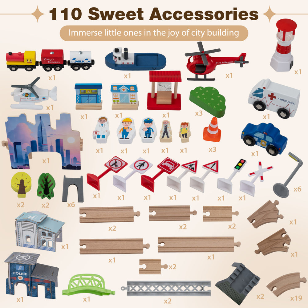 Colorful 110-piece wooden city building accessories set with vehicles, figures, and traffic signs for toddlers aged 3+.