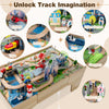 Colorful 110-piece wooden train table features a train, police station, hospital, and multiple vehicles for imaginative play.