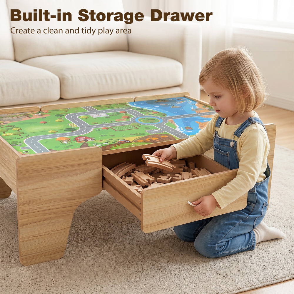 Wooden train table with built-in storage drawer, featuring colorful map design and 110 accessories for creative play.