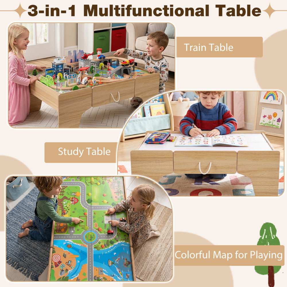 3-in-1 multifunctional table features a train layout, study surface, and colorful play map for toddlers aged 3 and up.