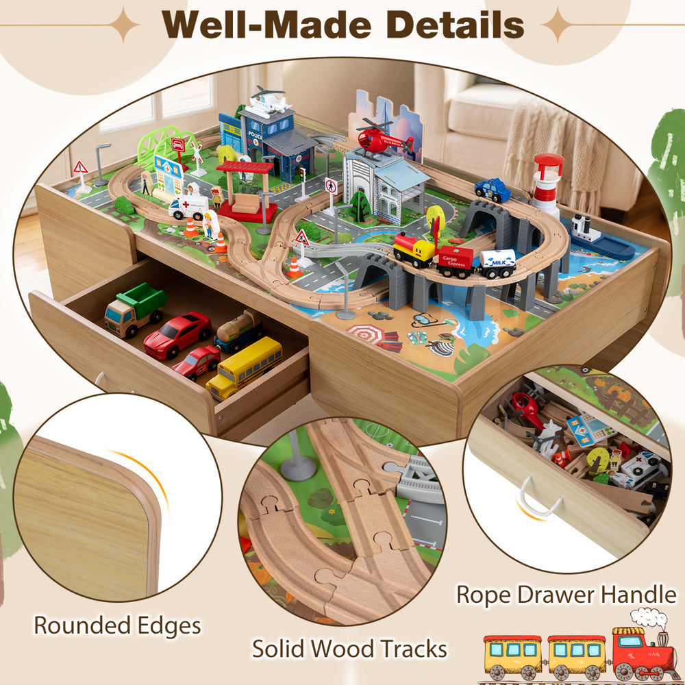 Wooden train table featuring solid wood tracks, rounded edges, and a large storage drawer for toddlers aged 3+ years.