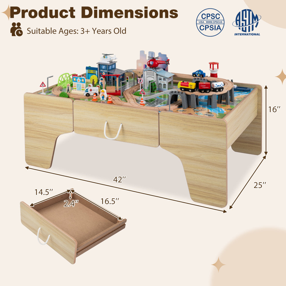 Wooden train table with colorful map, 110 pieces, and storage drawer for toddlers aged 3+ years old.