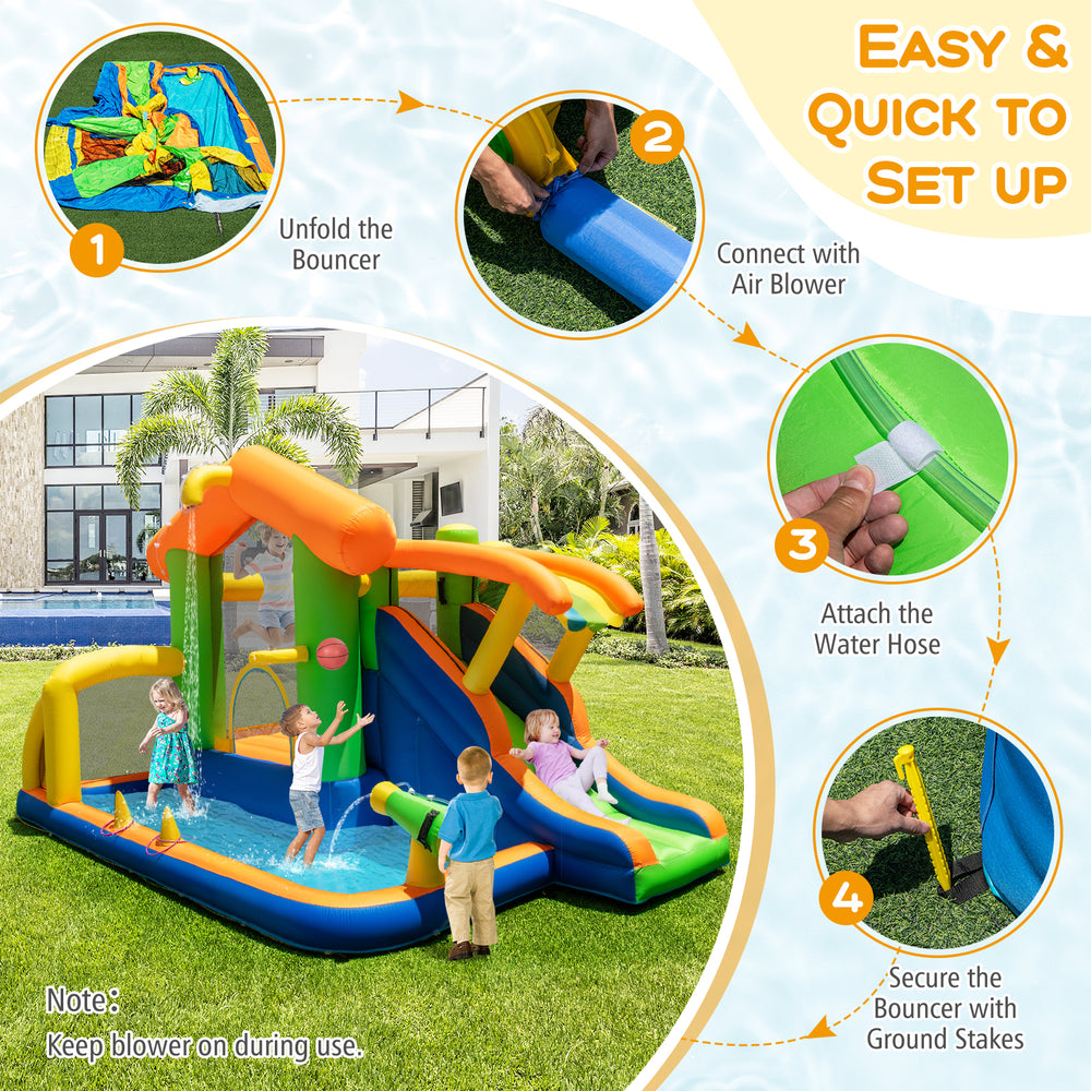 Inflatable bounce house water park with slide, climbing wall, and spacious pool for kids' summer fun and safety.