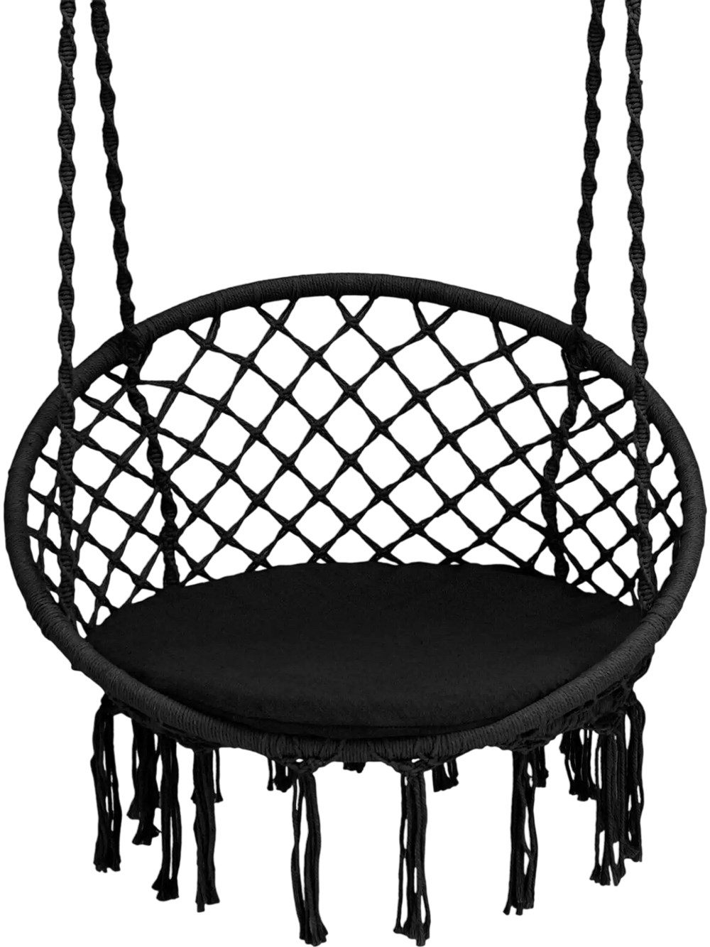 Black cushioned hammock swing chair with tassels, designed for comfort and stability, suitable for indoor or outdoor.