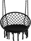 Black cushioned hammock swing chair with tassels, designed for comfort and stability, suitable for indoor or outdoor.