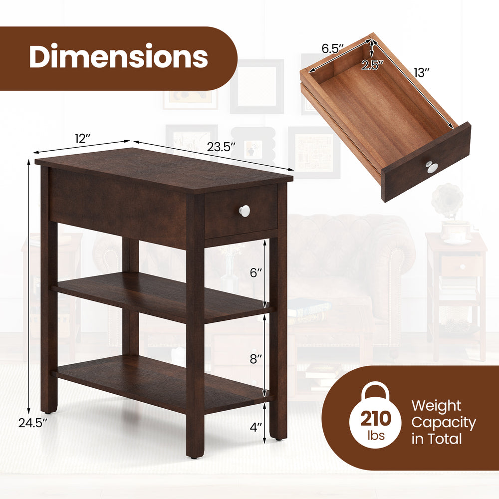 3-tier narrow end table in walnut with a pull-out drawer and storage shelves, perfect for small spaces in living rooms.