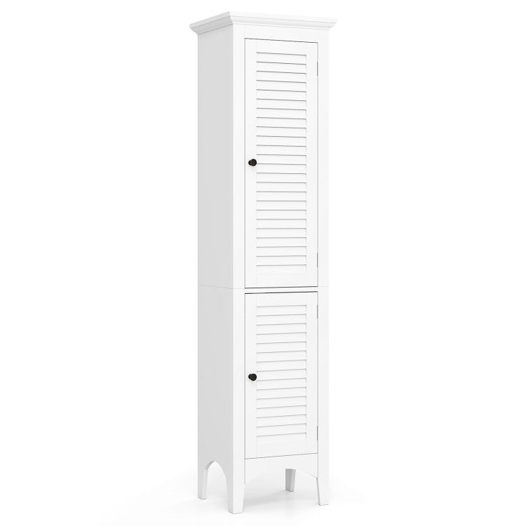 Tall white bathroom floor cabinet with shutter doors and adjustable shelf for smart storage in compact spaces.