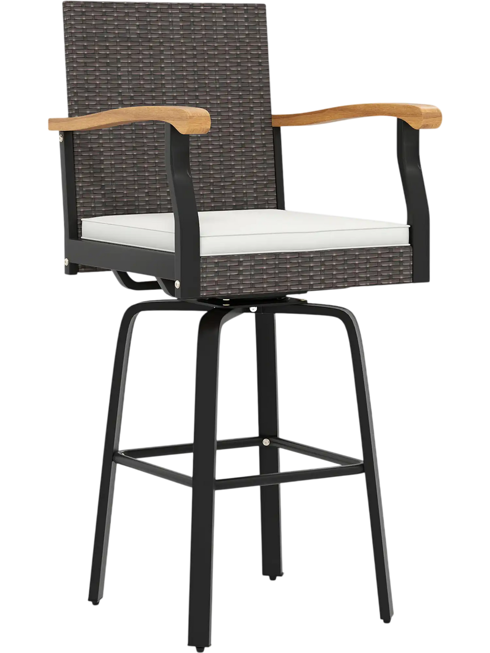 Outdoor 360° Swivel Bar Stool with Cushion and Acacia Wood Armrests