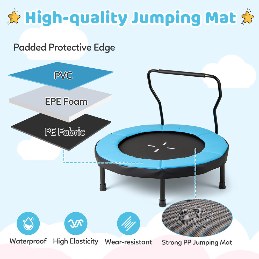 40-inch blue trampoline with padded edge, high-quality jumping mat, and foam handle for kids' indoor and outdoor fun.