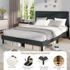 Queen size upholstered bed frame in dark gray with tufted headboard, sturdy wooden slats, and adjustable foot pads.