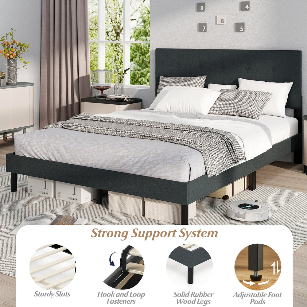 Queen size upholstered bed frame in dark gray with tufted headboard, sturdy wooden slats, and adjustable foot pads.