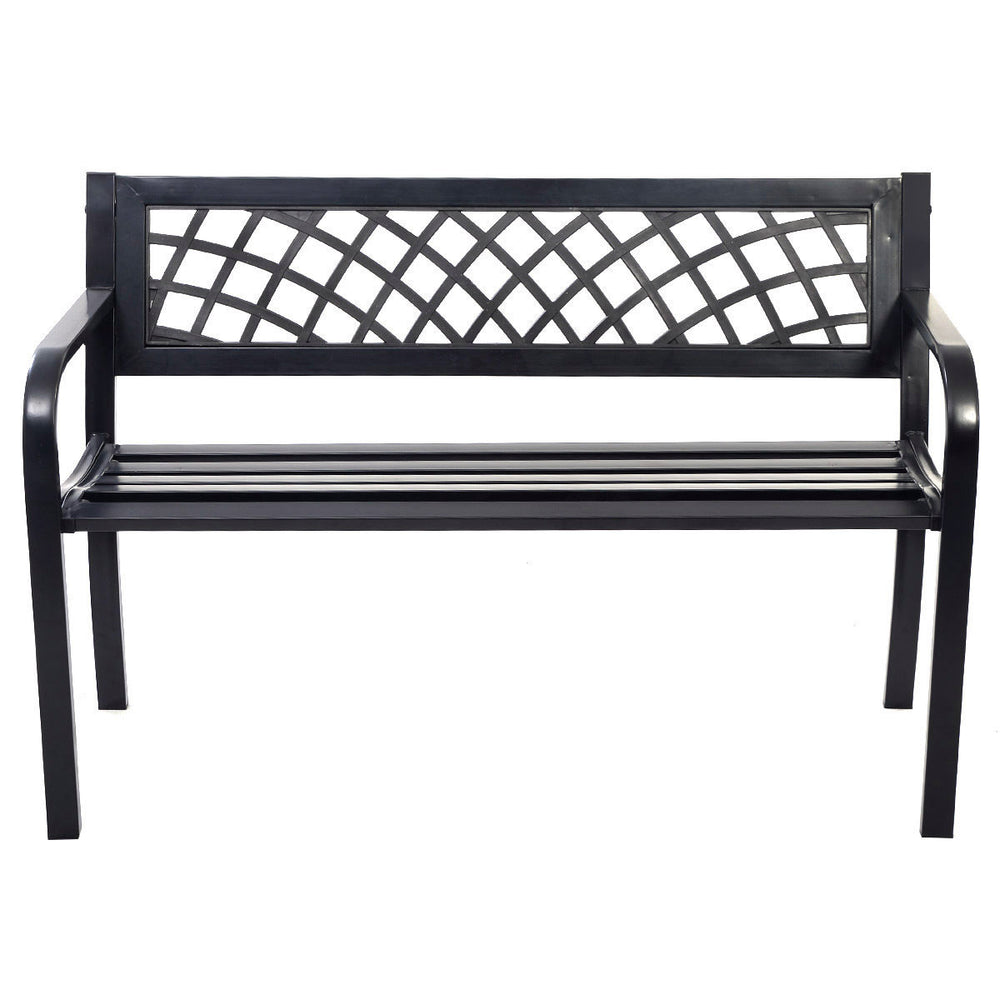 Black steel frame bench with PVC backrest mesh, sturdy design for outdoor seating, assembly required.