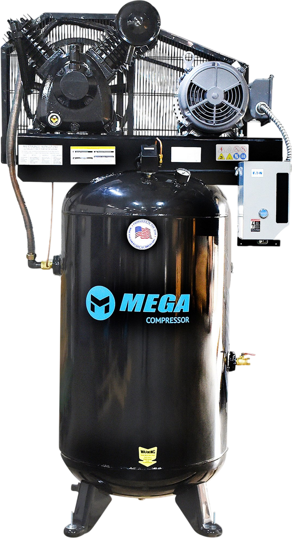 Mega 2-Stage 2-Cylinder Vertical Air Compressor, 3 Phase, 7.5 HP, 460V, 80 Gallons, 175 Max. PSI, Model# MP-7580VM3-460