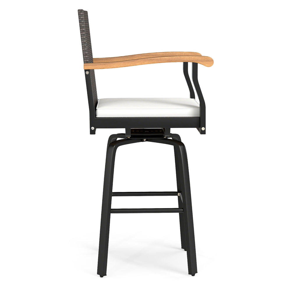 Side view of the One Outdoor 360° swivel bar stool with acacia wood armrests and soft cushion, perfect for backyard use.