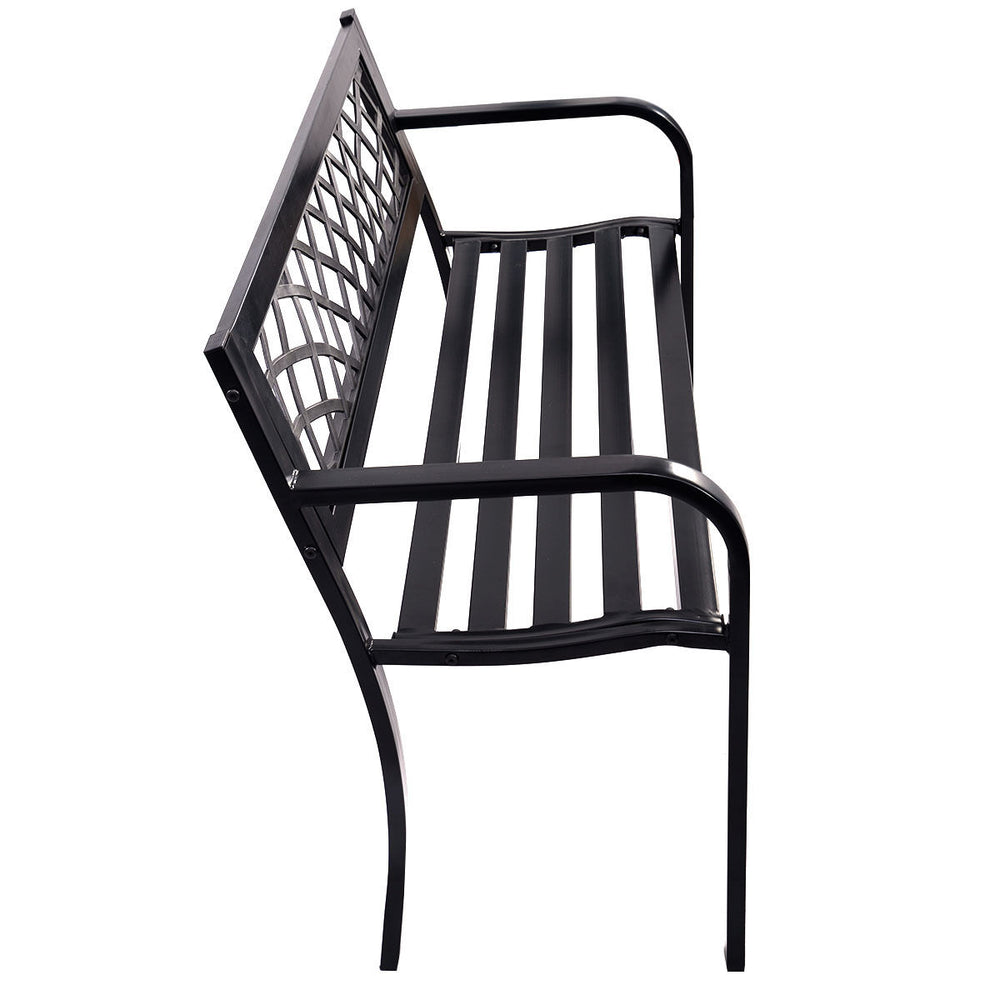 Side view of a steel frame outdoor bench with PVC backrest mesh, sturdy and comfortable for outdoor seating.